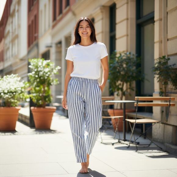 Christian Siriano Linen Wide Leg Blue/White Striped Pants - Picture 2 of 8
